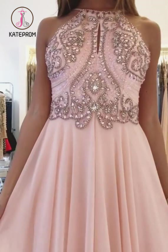 Blush Pink Chiffon Prom Dress with Beading Rhinstone, Flowy Backless Graduation Dress KPP0928