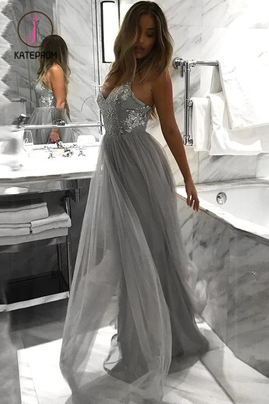 Spaghetti Straps Grey A Line Tulle Long Prom Dress, Floor Length Appliques Prom Gown KPP1043