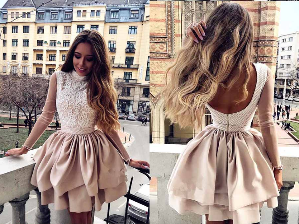 A Line High Neck Long Sleeve Pleats Open Back Satin Short Homecoming Dresses With Lace KPH0594