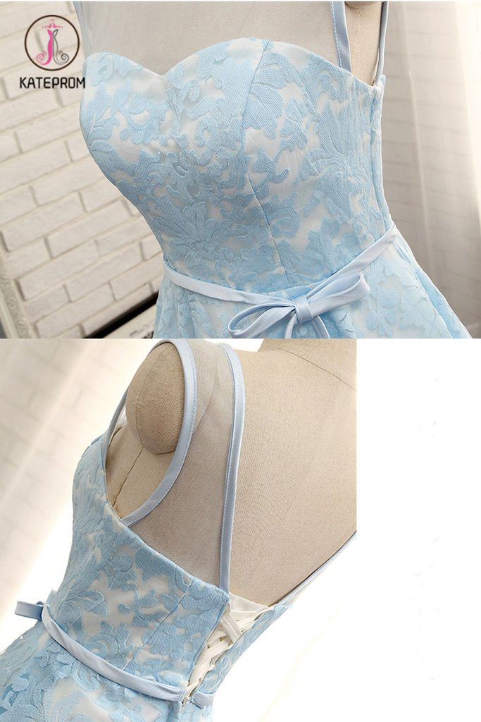 Tea Length A Line Light Blue Lace Homecoming Dress with Belt, Tea Length Prom Dress KPH0358