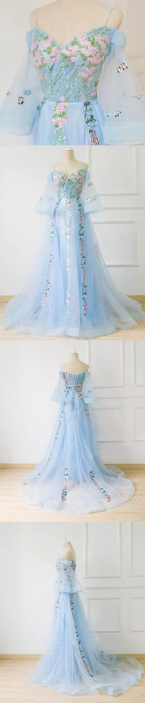 Chic A line Off the shoulder Light Blue Prom Dress With Floral Prom Dresses Long Evening Dress KPP1534