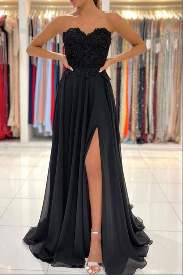 Black Chiffon Lace A line Sweetheart Prom Dresses, Long Formal Dress KPP1584