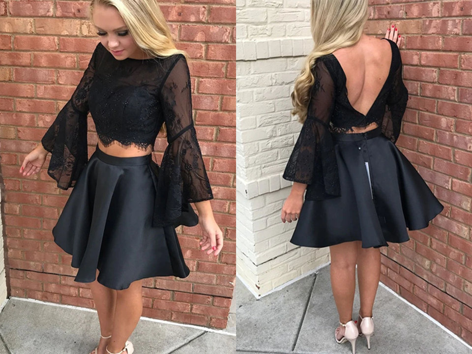 A line Bateau Mini Satin Beaded Appliqued Two Piece Homecoming Dresses KPH0596