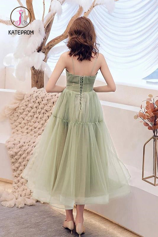 Simple Green Tulle Spaghetti Strap Sleeveless Pleated Prom Dresses, A Line Party Dress KPP1001