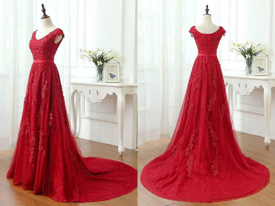 Septing - septing A Line Red V Neck Long Lace Prom Dresses with Cap Sleeves KPP1454