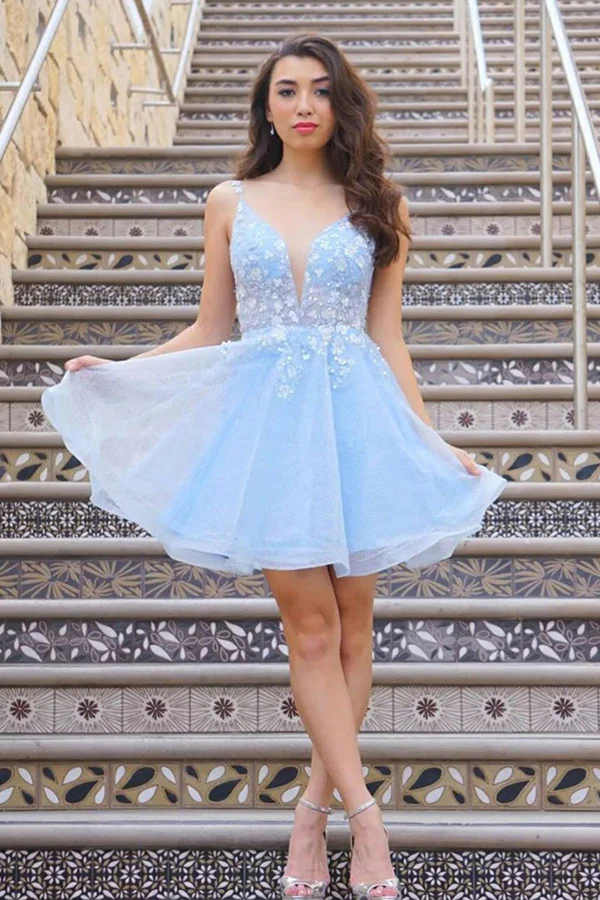 Cute V Neck Light Blue Lace Floral Short Prom Homecoming Dresses KPH0616