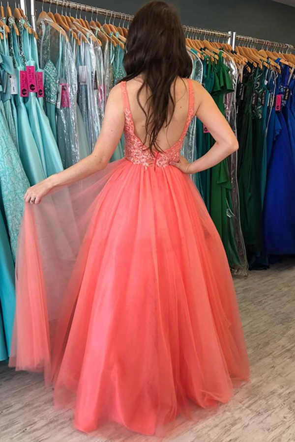 A Line V Neck Backless Coral Lace Long Prom Dresses, Formal Dresses KPP1355