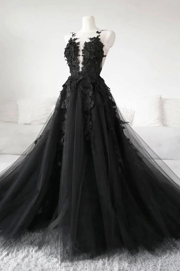 Black Lace Tulle Long Prom Gown Black Evening Dress KPP1398