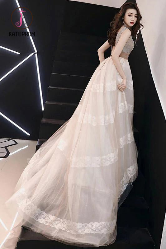 Unique V Neck Tulle Lace Long Prom Dress Tulle V Back Evening Dress with Train KPP1000