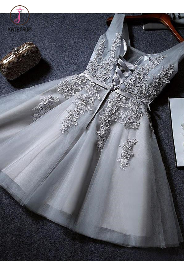 Red Cute V Neck Sleeveless Appliques Tulle Homecoming Gown, A Line Short Prom Dress KPH0334