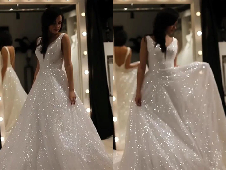 Sparkly V Neck Backless Wedding Gown, Sequins Prom Dress On Sale KPW0694