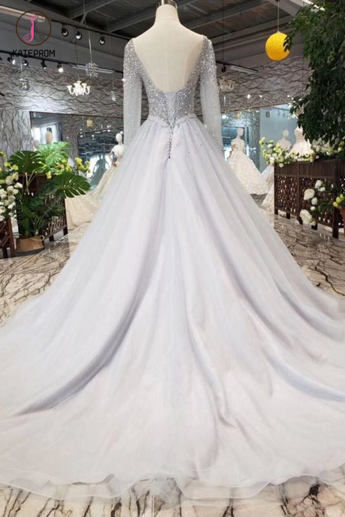 A Line Long Sleeves Tulle Prom Dress with Sequins, Sparkly V Neck Evening Dresses KPP0859