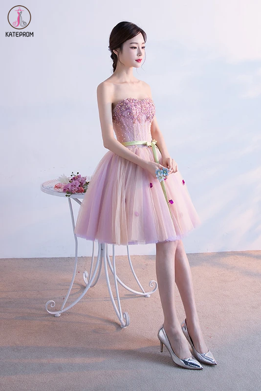 Pink Sweetheart Tulle Homecoming Dress with Ribbon, Short Prom Dress with Beads KPH0508