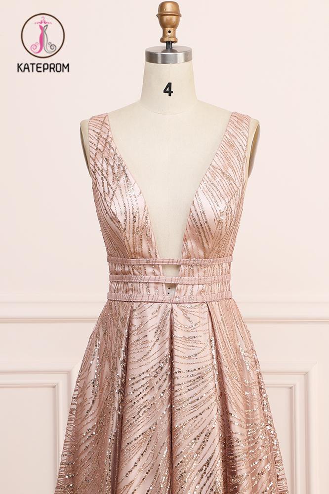 A Line Deep V Neck Long Prom Dress with Sequins, Glitter Sleeveless Evening Dress KPP1051
