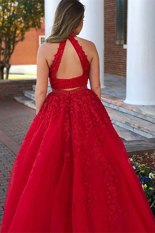 Delicate Halter Beaded Satin 2 Pieces A line Prom dresses With Appliques KPP1389