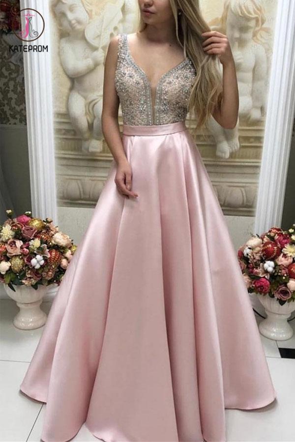 Sparkly Satin Pink Beaded Long Prom Dress With Open Back KPP1131
