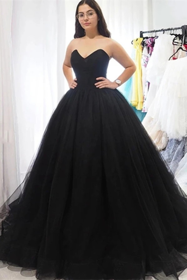 Sweetheart Neck Black Tulle Long Prom Dresses,Back Open Long Formal Evening Dresses KPP1378