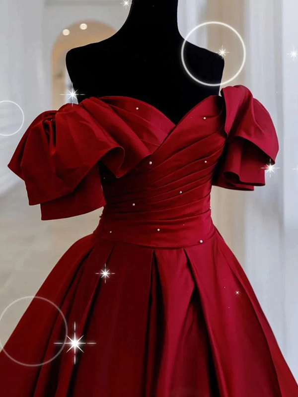 Burgundy Off Shoulder Satin Long Prom Evening Dress KPP1612