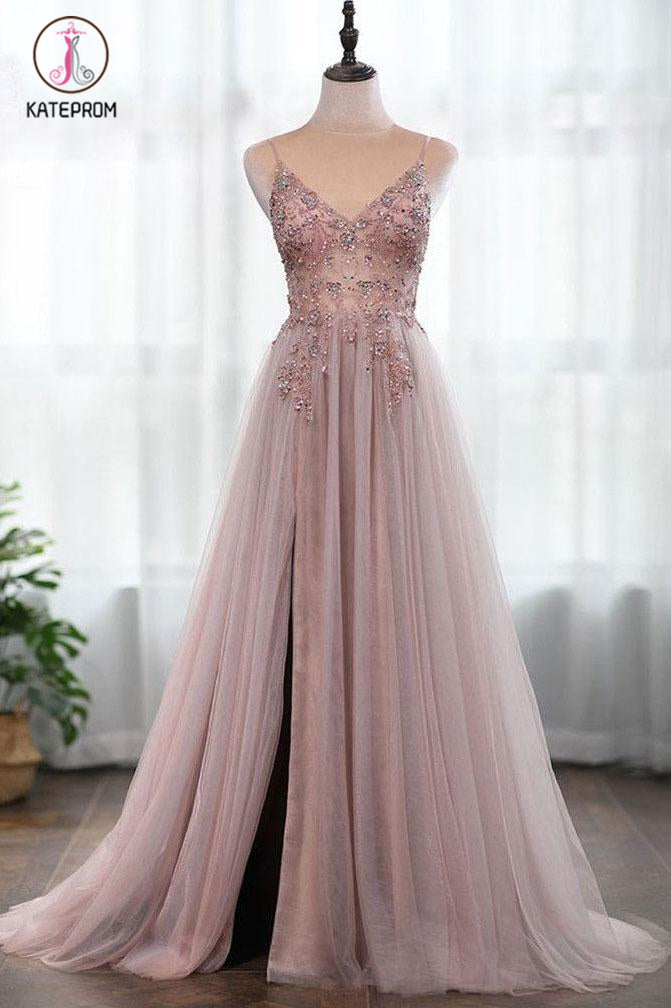 Dusty Pink Spaghetti Straps Gorgeous Beading Prom Dress, A Line Split Tulle Evening Dresses KPP1109