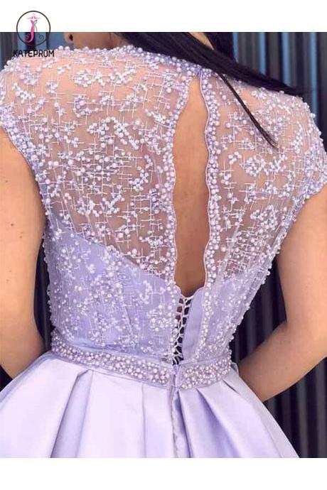 A Line Cap Sleeves Satin Prom Dress, Satin Graduation School Party Gown with Side Split KPP0723