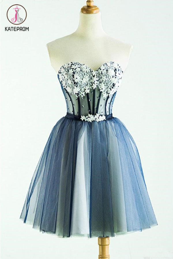 Cute Sweetheart Tulle Homecoming Dress with Beads, A Line Appliqued Short Prom Dress KPH0424