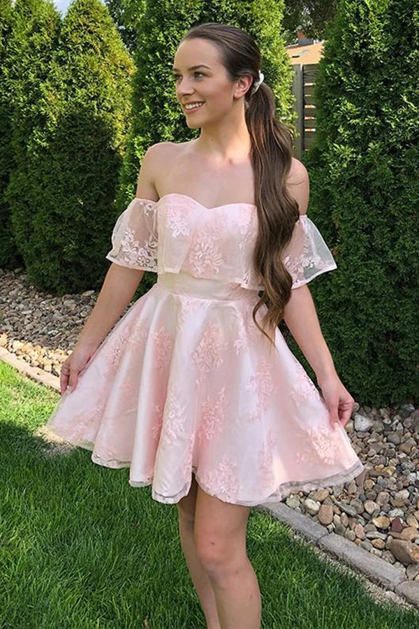 Off The Shoulder Short Pink Lace Prom Dresses Homecoming Dresses KPH0633