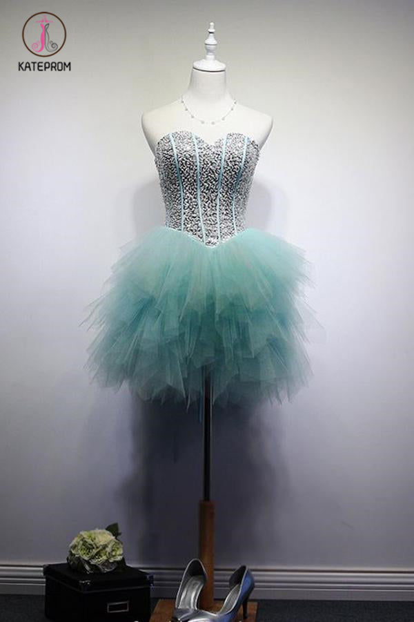 Pool Blue Sparkly Sweetheart Sequins Tulle Short Cocktail Dress, Mini Homecoming Dress KPH0290