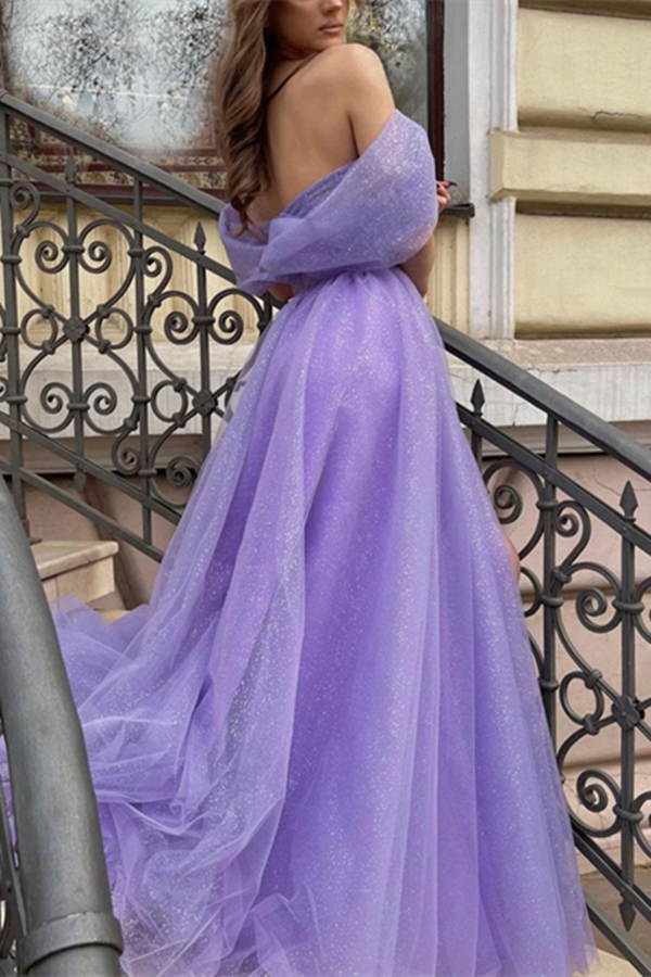 Chic A line Sparkly Off the shoulder Purple Prom Dress Tulle Evening Dress With Split Front KPP1547