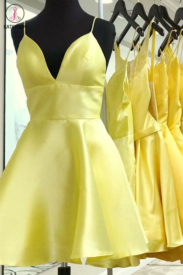 Yellow V Neck Satin Straps Homecoming Dresses Short Prom Dress KPH0491