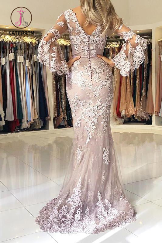 Charming V Neck Long Prom Dress, Mermaid Lace Appliqued Evening Dress with Sleeves KPP0961