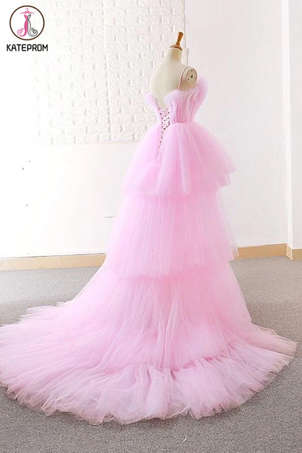 A-line Pink High Low Prom Dress Tulle Formal Dresses Evening Gowns for Sale KPP1319