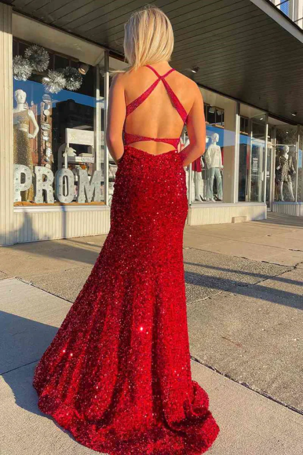 Open Back V Neck Mermaid Burgundy Sequins Long Prom Dress, Mermaid Burgundy Formal Evening Dress KPP1709