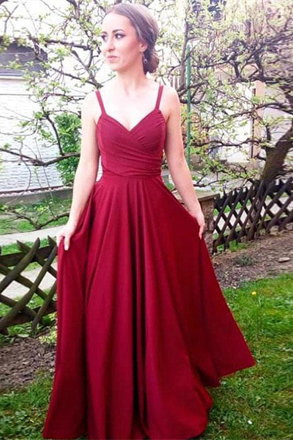 Simple Burgundy Straps Long Chiffon Prom Dress, Beautiful Party Dress KPP1415