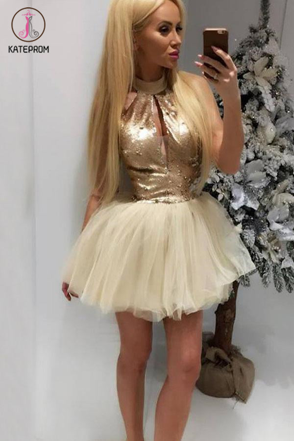 Sexy A-Line High Neck Short Tulle Homecoming Cocktail Dress with Keyhole without Belt KPH0395
