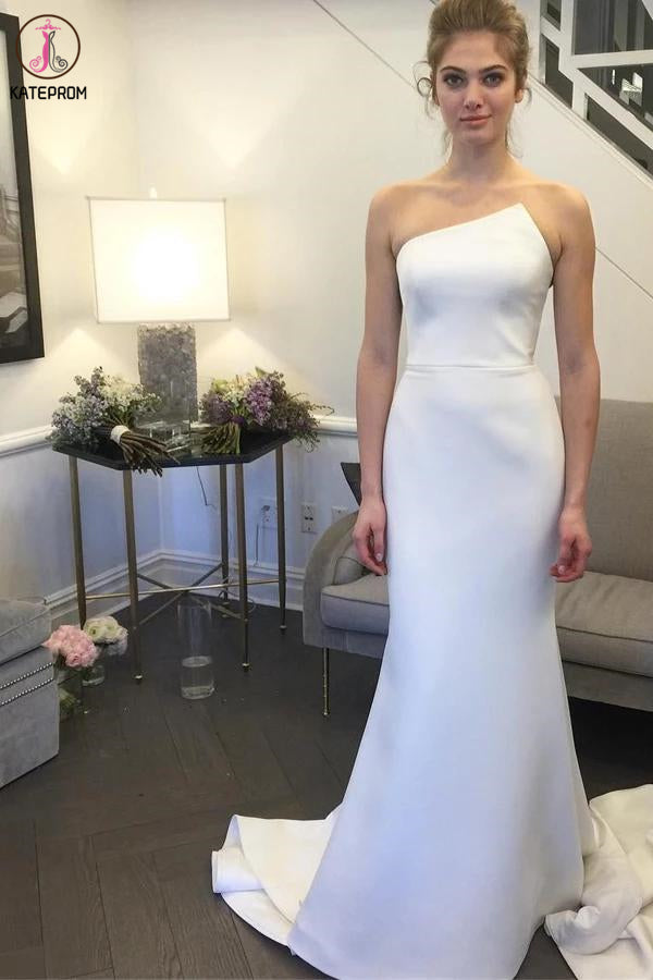 Simple Strapless Mermaid Long Wedding Dresses, Elegant Ivory Sweep Train Wedding Dresses KPW0568