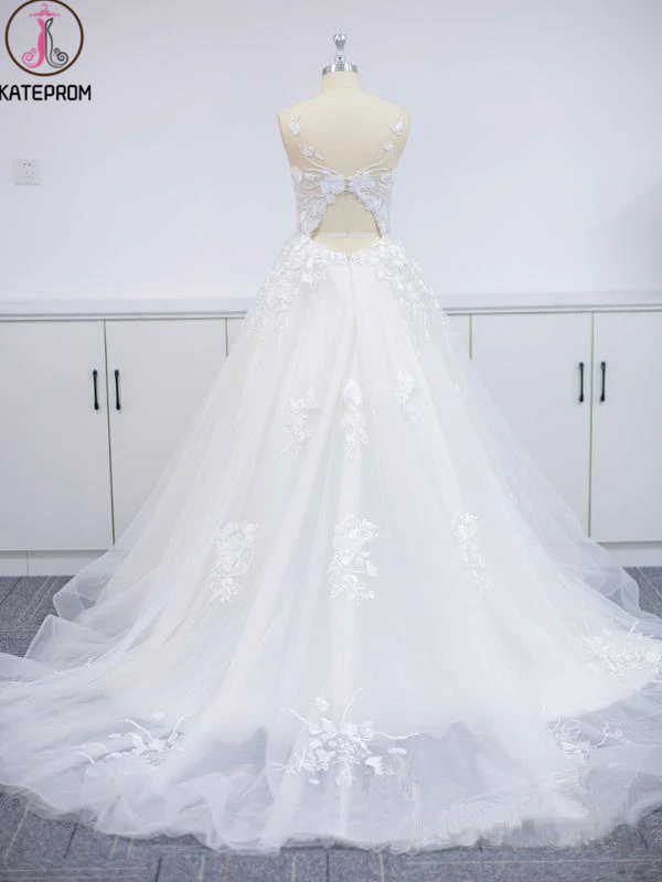 A-Line Floral Applique Beach Wedding Dresses, wedding gown new,White Evening Dresses KPW0592