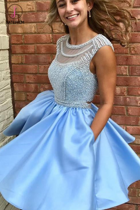 Ice Blue Beading Satin Sleeveless Open Back Homecoming Dress,Sparkly Prom Gown with Pockets KPH0268
