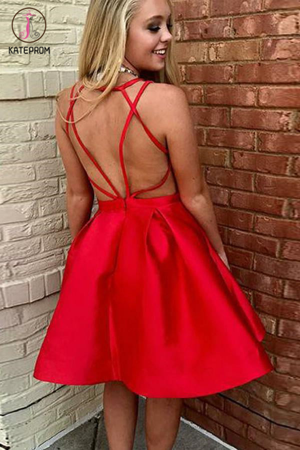 Red A-Line V-Neck Open Back Knee Length Satin Homecoming Dress, Short Prom Gown KPH0370