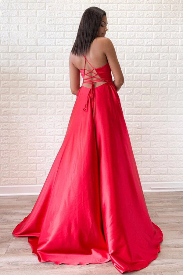 Simple Red Satin Halter V Neck A Line Sweep Train Long Prom Dress KPP1545