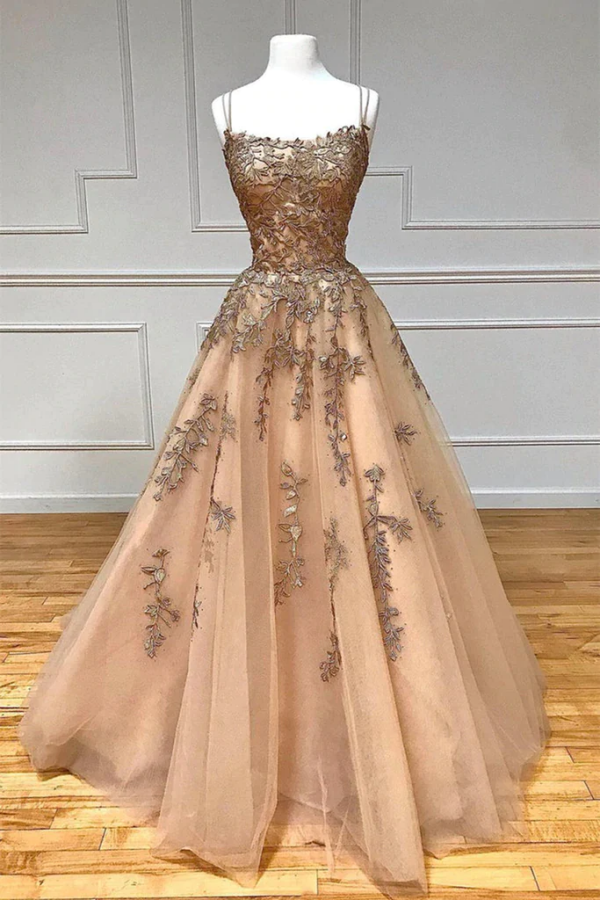 Spaghetti Straps Champagne Lace Tulle Long Prom Dress KPP1633