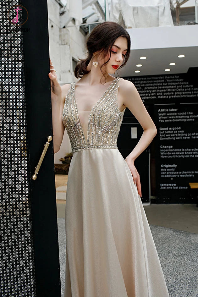 Elegant Deep V Neck Sleeveless Evening Dress with Sequins, Backless A Line Party Dress KPP1296