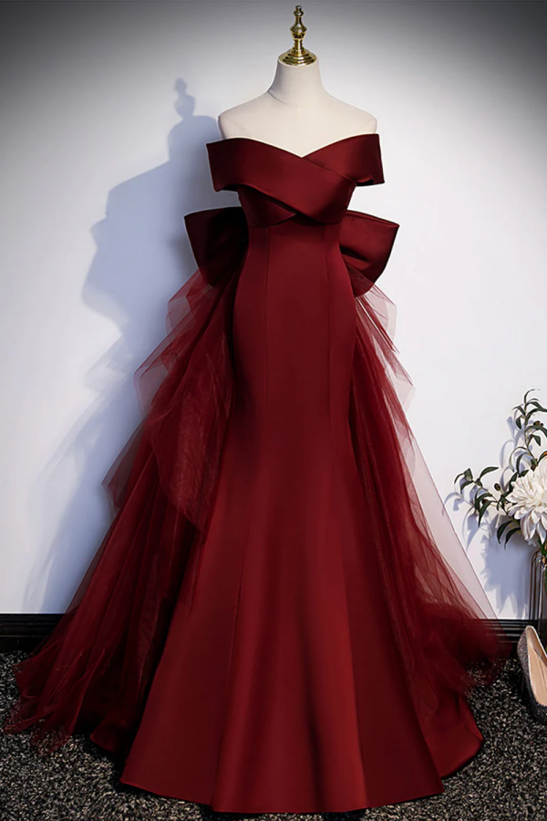 Burgundy Mermaid Long Prom Dress, Off the Shoulder V Neck Formal Evening Dress KPP1756