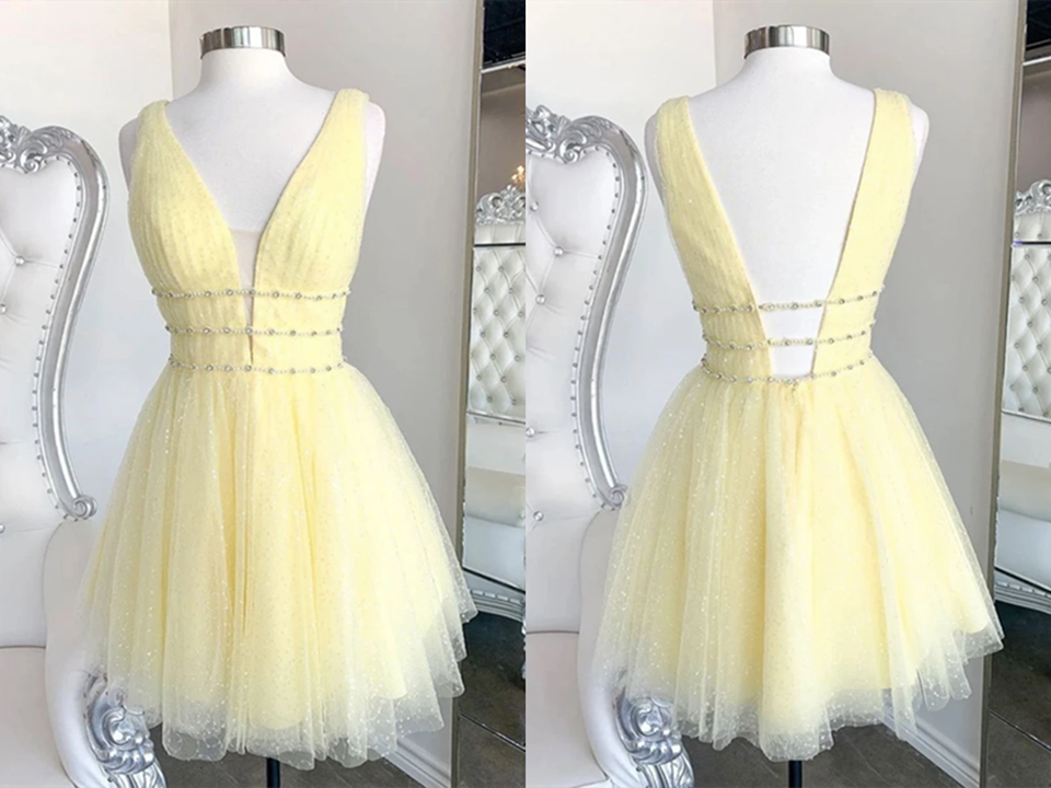 Cute yellow v neck tulle beads short prom dress yellow homecoming dress KPP1442