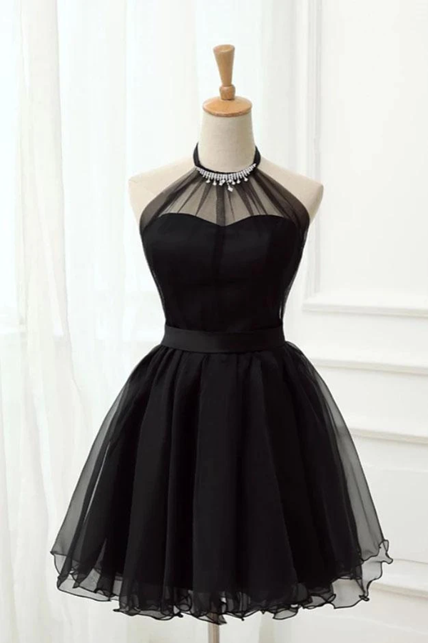 Cute Halter Black Tulle Sleeveless Beads Short Prom Dresses Homecoming Dresses KPH0583