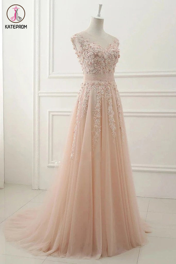 A Line Sheer Neck Cap Sleeves Tulle Prom Dresses, Lace Appliqued Long Formal Dresses KPP1286