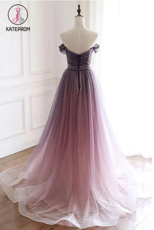 A Line Off the Shoulder Ombre Prom Dresses with Belt, Purple Gradient Long Tulle Formal Dress KPP1123