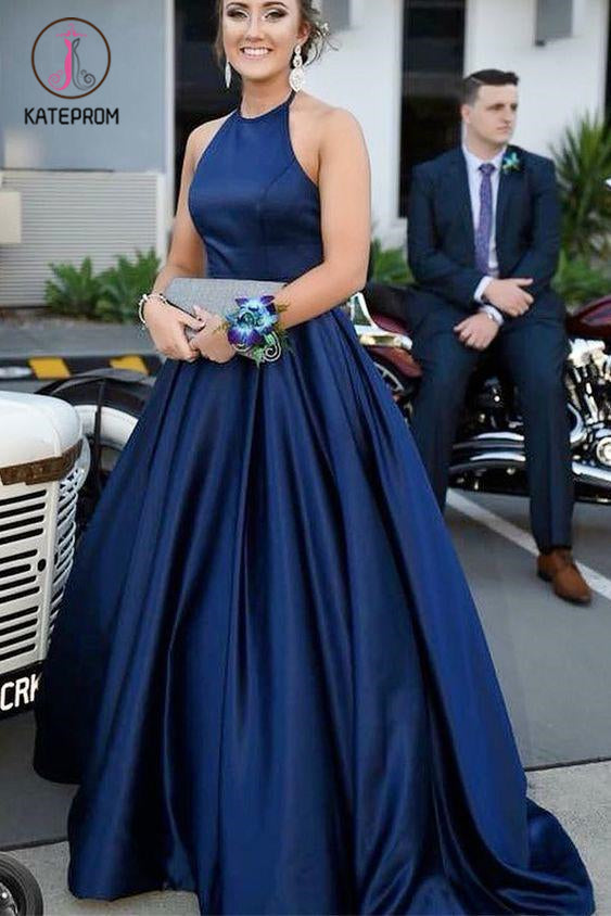 Blue Halter Satin Sleeveless Prom Dress, A Line Simple Long Formal Dresses KPP1144