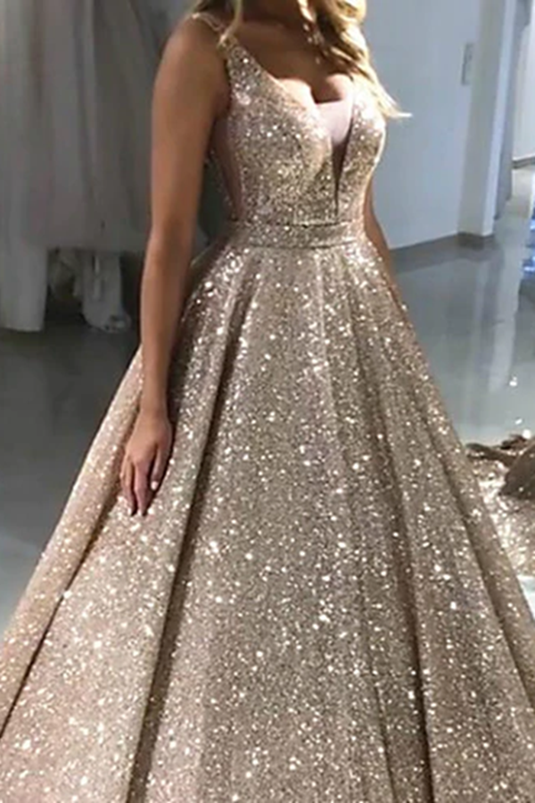 Chic A line V neck Long Sparkly Gold Prom Dresses Evening Dress KPP1537