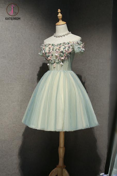 Cute Off the Shoulder Tulle Homecoming Dress, Light Green Short Prom Dress with Flowers KPH0333