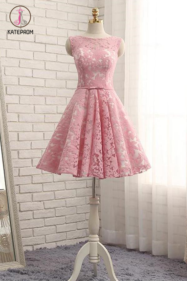 A Line Short Lace Homecoming Dress with Belt, Pink Short Ruched Prom Dress KPH0362